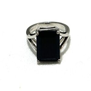 Sterling Silver Ring Black Onyx Size 6 Marked 925 GSK Emerald Cut Statement